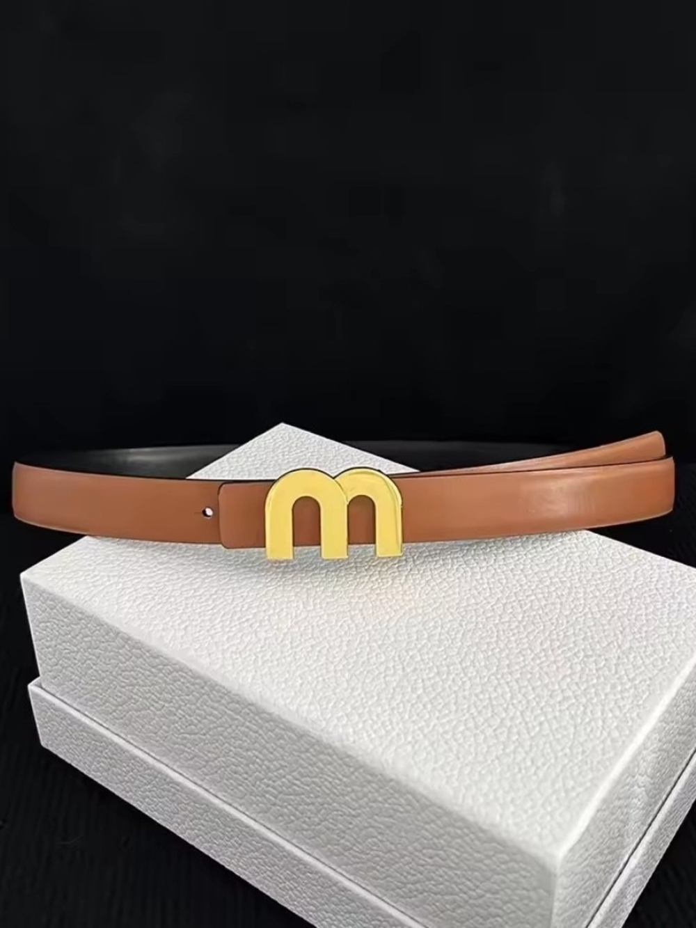 Slim Tan Leather Belt with Gold M-Style Buckle
